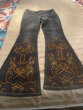 Women’s Black Flared Jeans with Gold Stud Embellishment